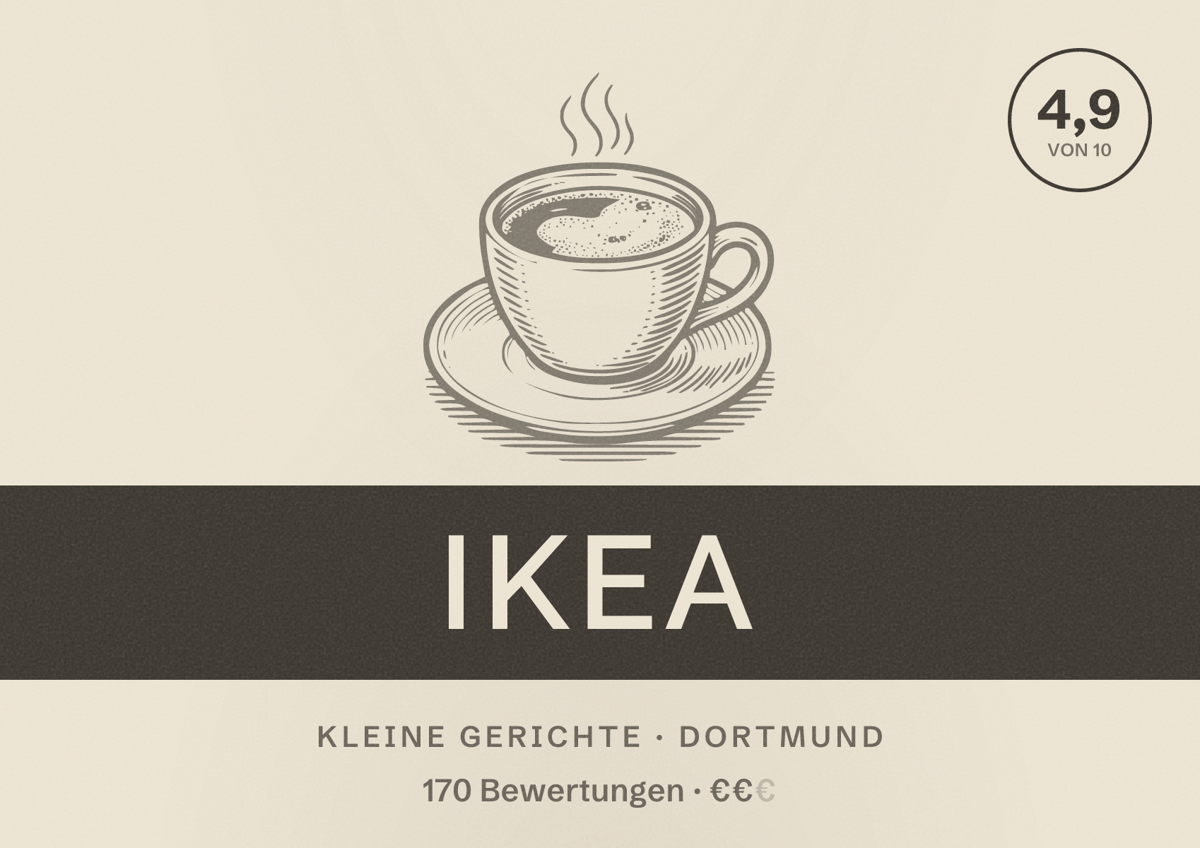 Illustriertes Poster von IKEA, Kleine Gerichte in Dortmund: Bewertung 4,9 von 10 aus 170 Bewertungen, Preisniveau €€