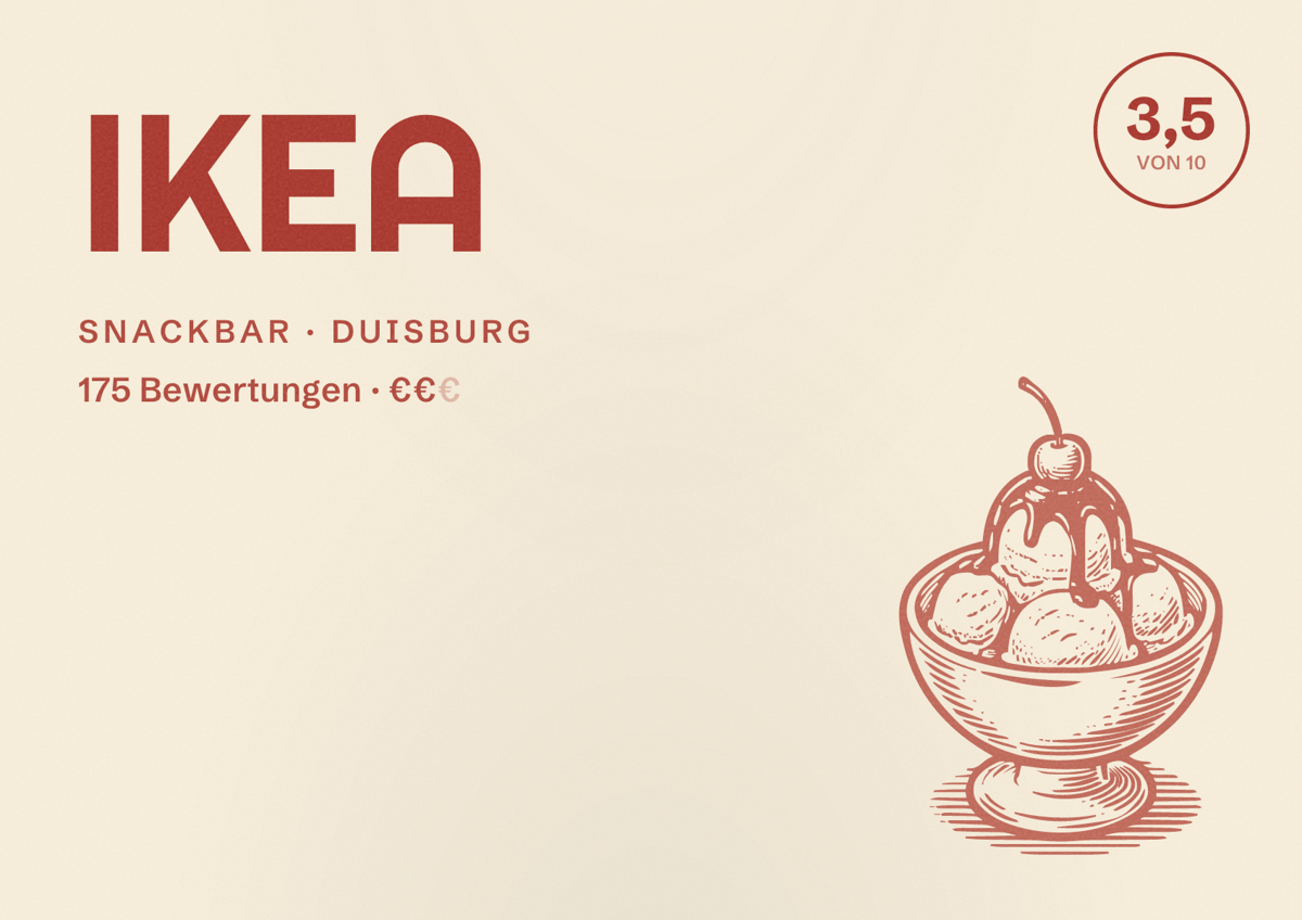 Illustriertes Poster von IKEA, Snackbar in Duisburg: Bewertung 3,5 von 10 aus 175 Bewertungen, Preisniveau €€