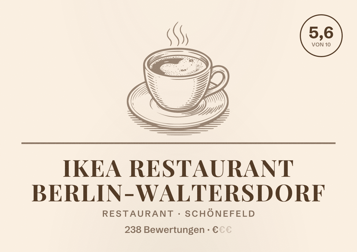 Illustriertes Poster von IKEA Restaurant Berlin-Waltersdorf, Restaurant in Schönefeld: Bewertung 5,6 von 10 aus 238 Bewertungen, Preisniveau €