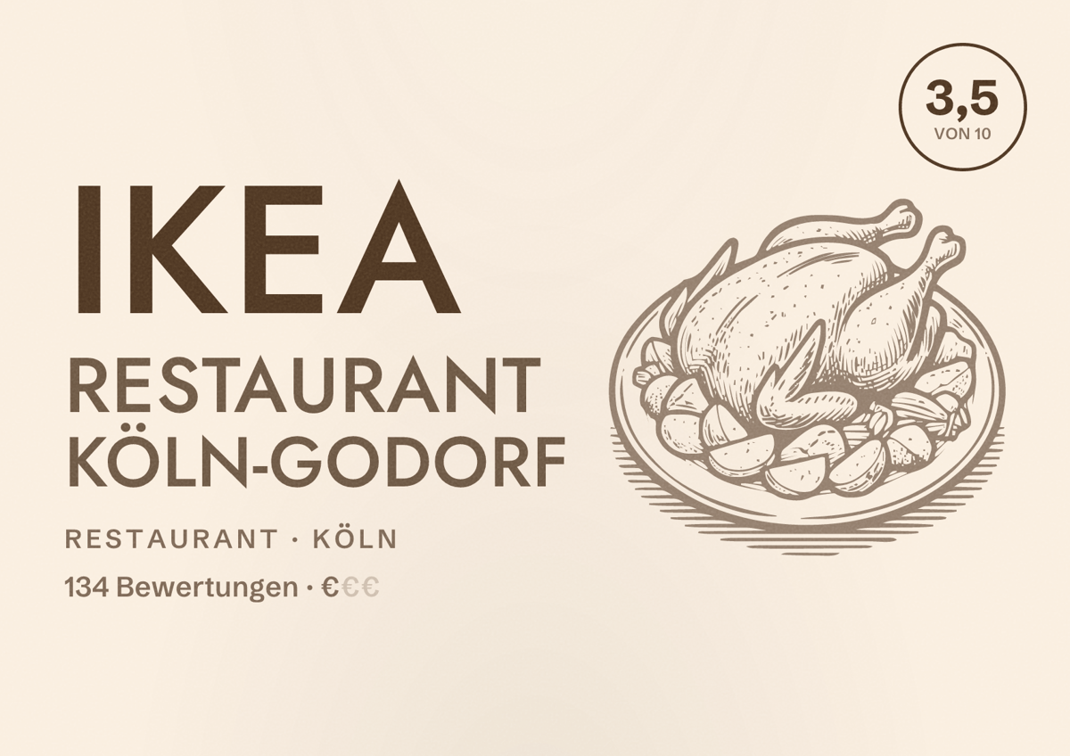 Illustriertes Poster von IKEA Restaurant Köln-Godorf, Restaurant in Köln: Bewertung 3,5 von 10 aus 134 Bewertungen, Preisniveau €