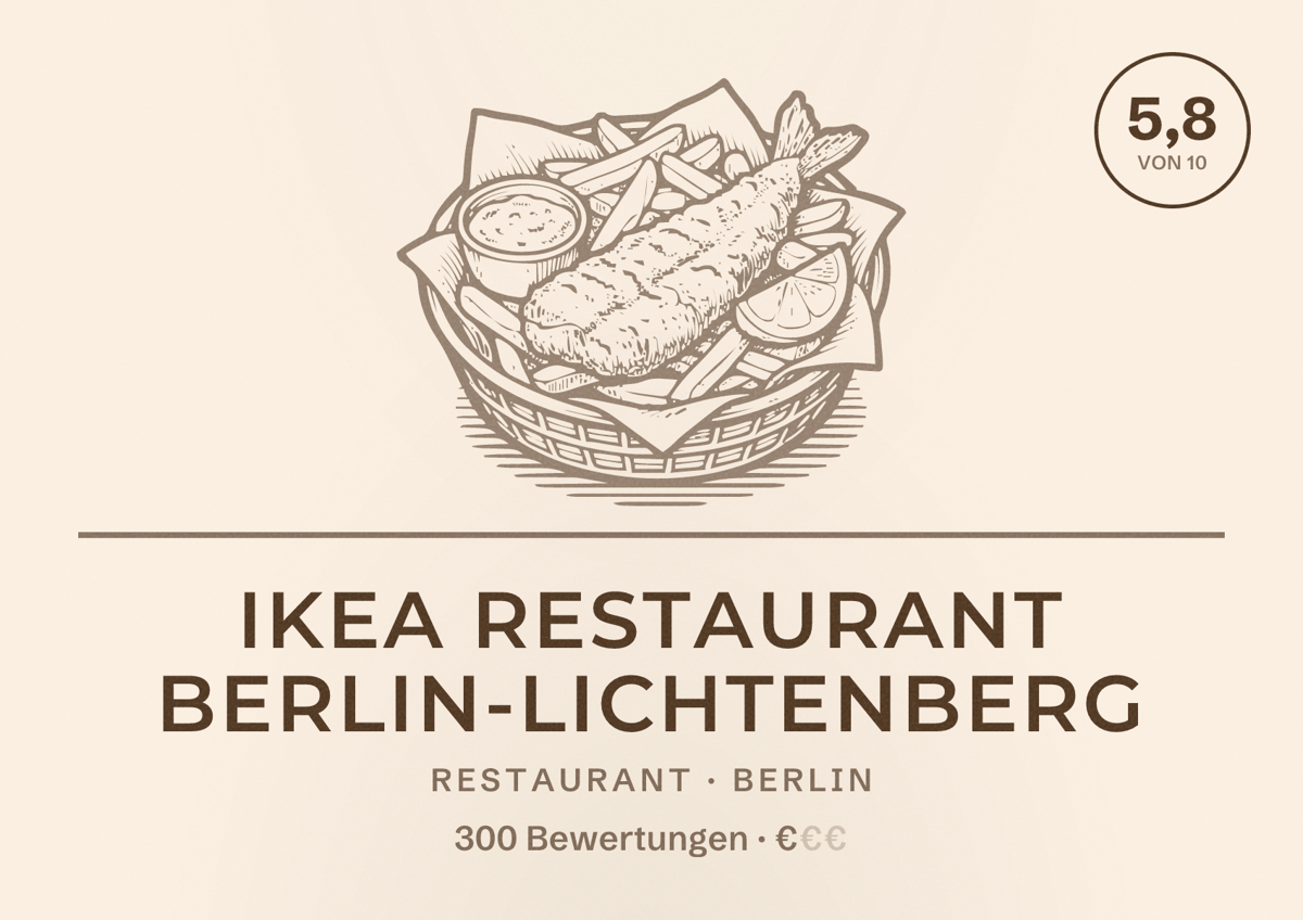 Illustriertes Poster von IKEA Restaurant Berlin-Lichtenberg, Restaurant in Berlin: Bewertung 5,8 von 10 aus 300 Bewertungen, Preisniveau €