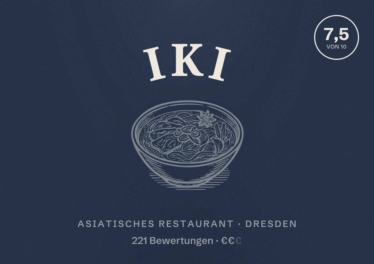 Illustriertes Poster von IKI, Asiatisches Restaurant in Dresden: Bewertung 7,5 von 10 aus 221 Bewertungen, Preisniveau €€