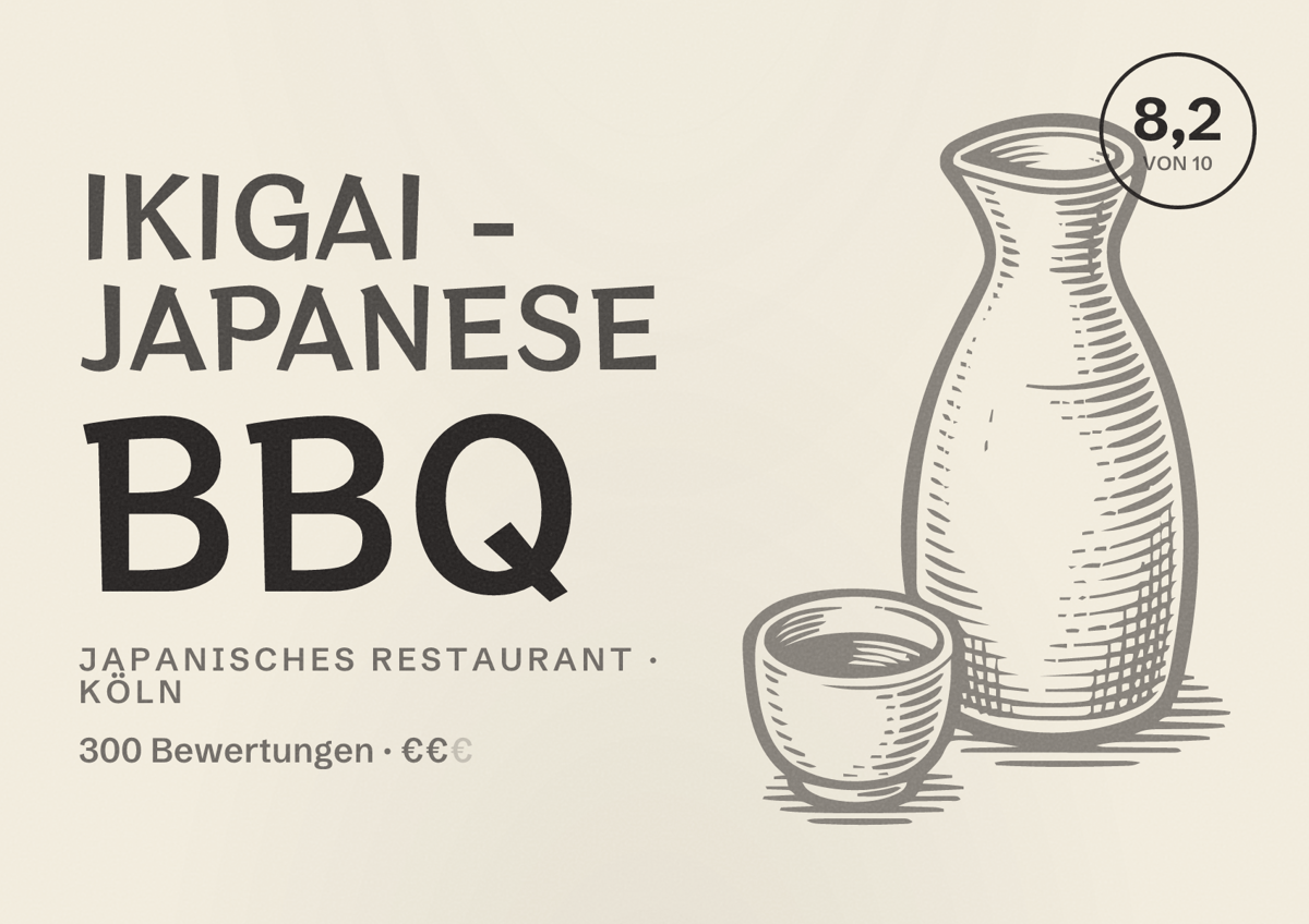 Illustriertes Poster von IKIGAI - Japanese BBQ, Japanisches Restaurant in Köln: Bewertung 8,2 von 10 aus 300 Bewertungen, Preisniveau €€