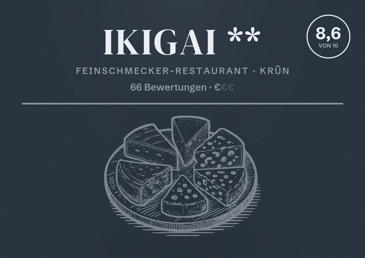 Illustriertes Poster von IKIGAI **, Feinschmecker-Restaurant in Krün: Bewertung 8,6 von 10 aus 66 Bewertungen, Preisniveau €
