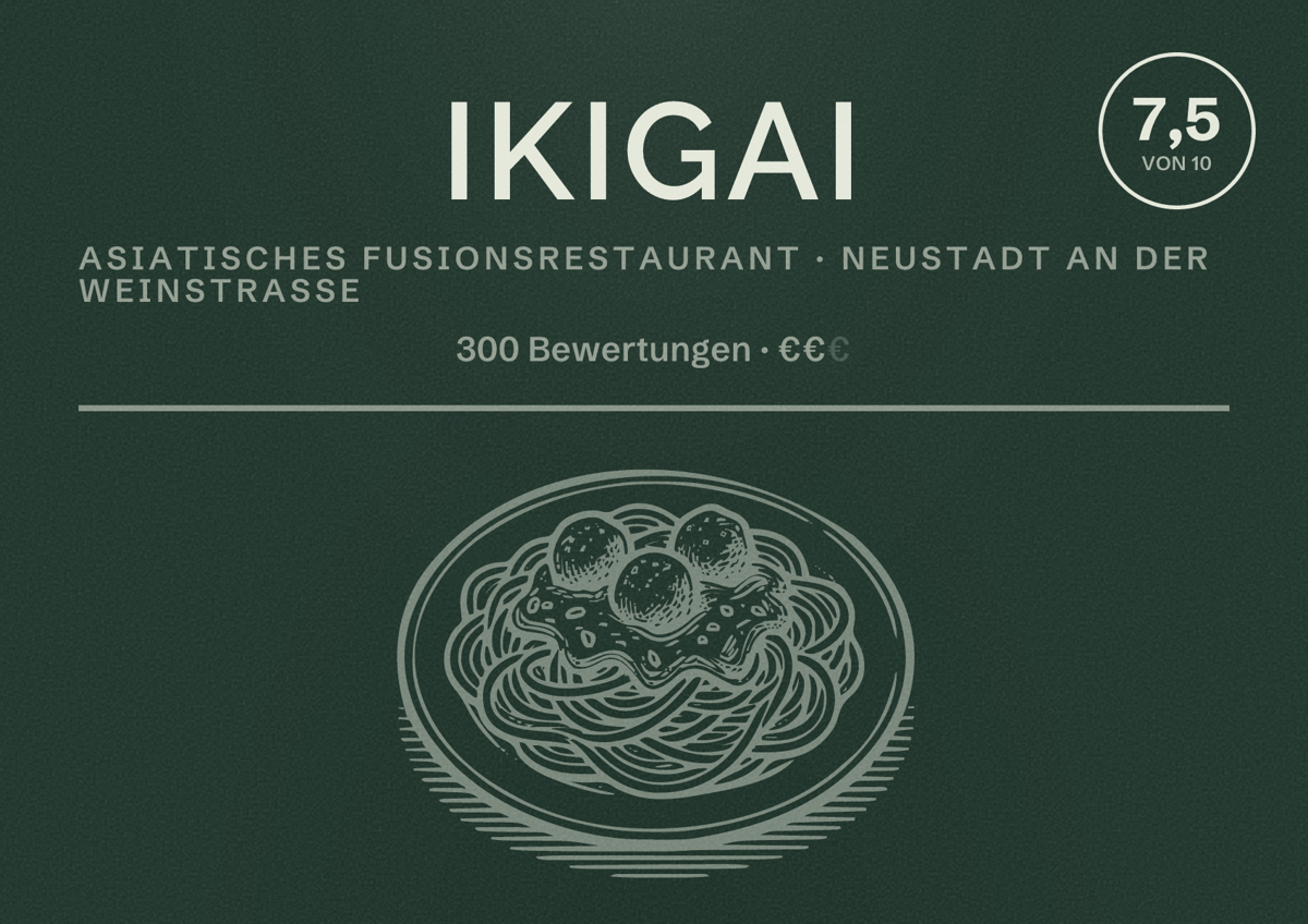 Illustriertes Poster von Ikigai, Asiatisches Fusionsrestaurant in Neustadt an der Weinstraße: Bewertung 7,5 von 10 aus 300 Bewertungen, Preisniveau €€