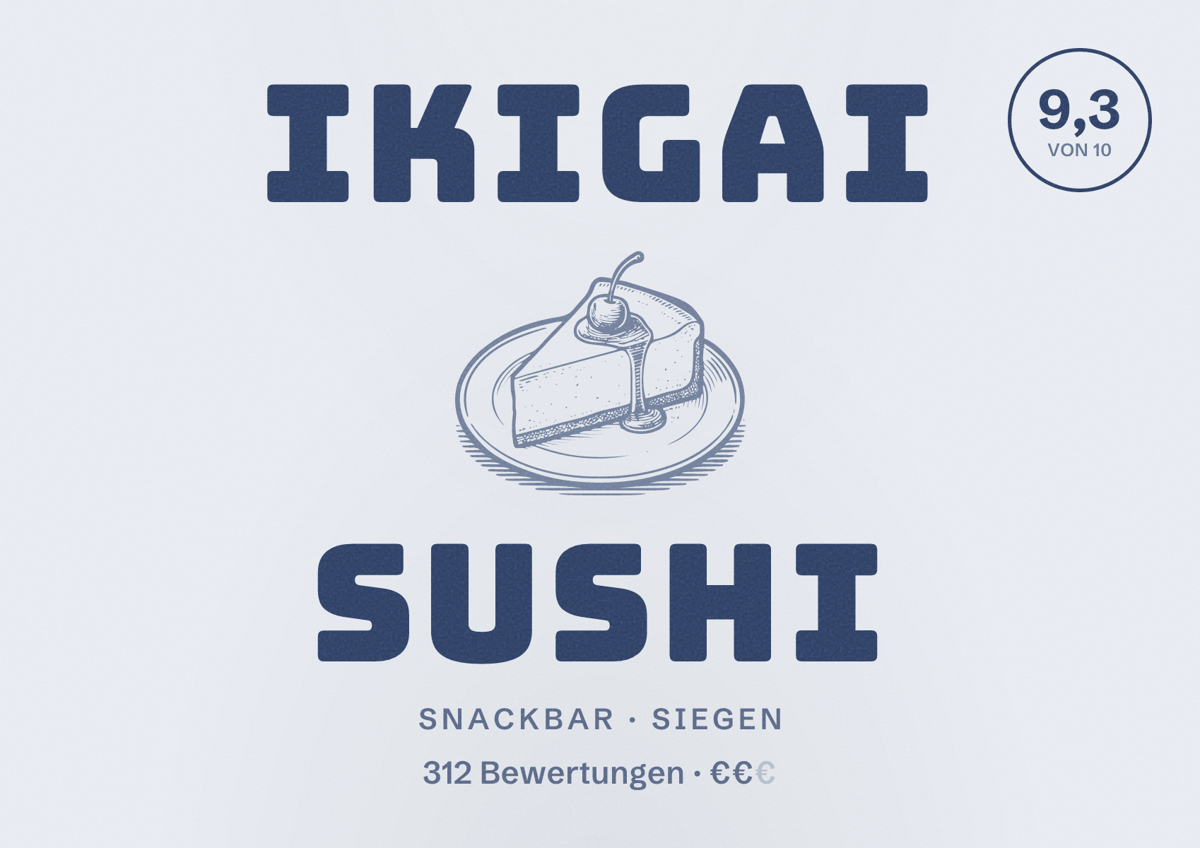 Illustriertes Poster von IKIGAI Sushi, Snackbar in Siegen: Bewertung 9,3 von 10 aus 312 Bewertungen, Preisniveau €€