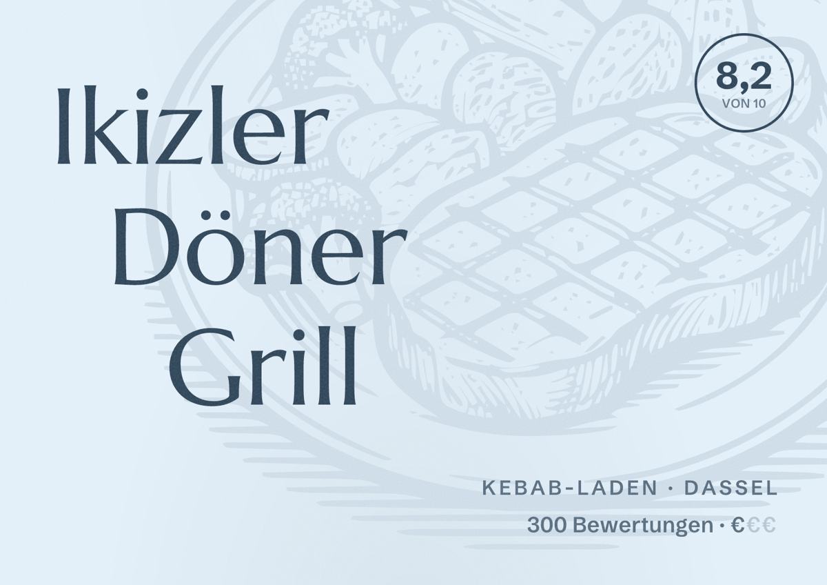 Illustriertes Poster von Ikizler Döner Grill, Kebab-Laden in Dassel: Bewertung 8,2 von 10 aus 300 Bewertungen, Preisniveau €