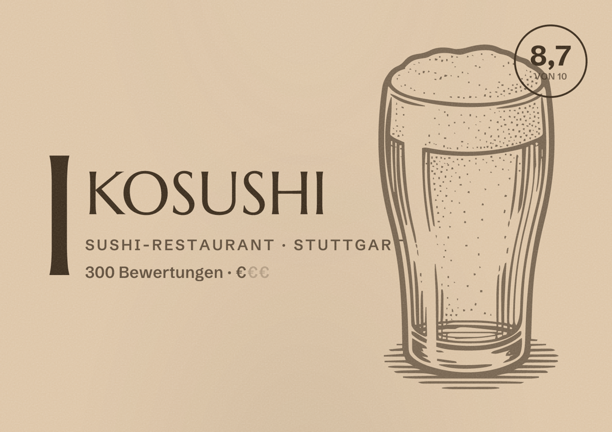 Illustriertes Poster von IKOSUSHI, Sushi-Restaurant in Stuttgart: Bewertung 8,7 von 10 aus 300 Bewertungen, Preisniveau €