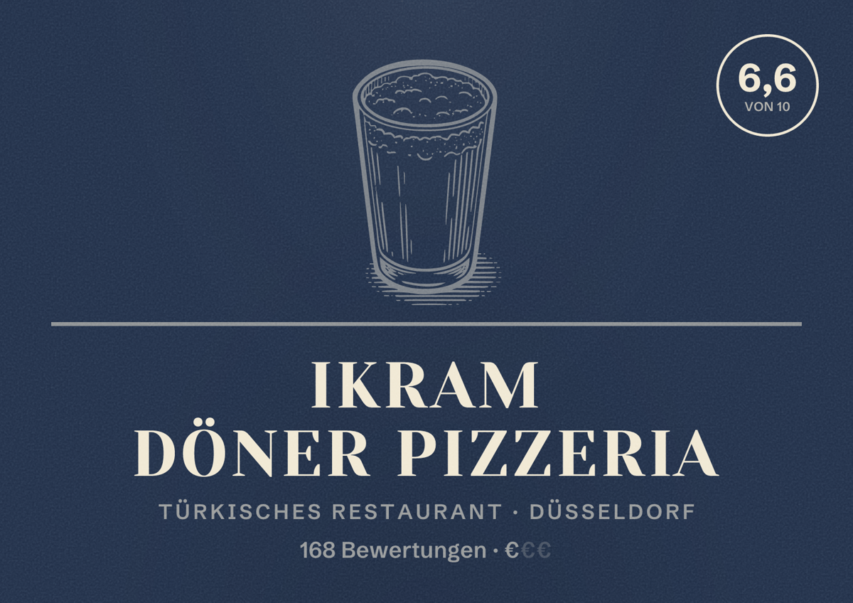 Illustriertes Poster von Ikram Döner Pizzeria, Türkisches Restaurant in Düsseldorf: Bewertung 6,6 von 10 aus 168 Bewertungen, Preisniveau €