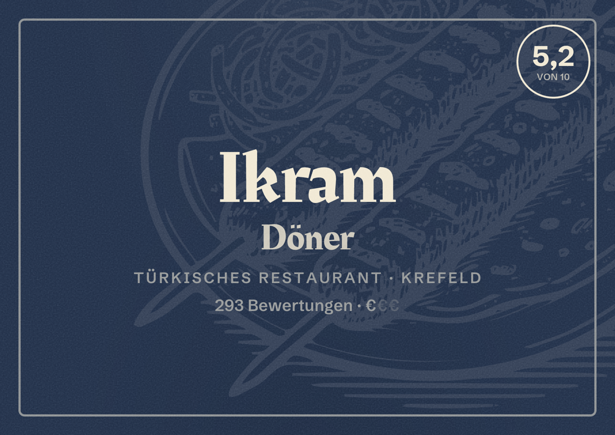 Illustriertes Poster von Ikram Döner, Türkisches Restaurant in Krefeld: Gästebewertung 5,2 von 10 aus 293 Bewertungen