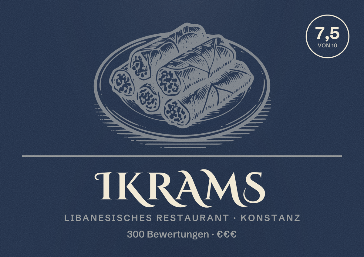 Illustriertes Poster von Ikrams, Libanesisches Restaurant in Konstanz: Bewertung 7,5 von 10 aus 300 Bewertungen, Preisniveau €€€