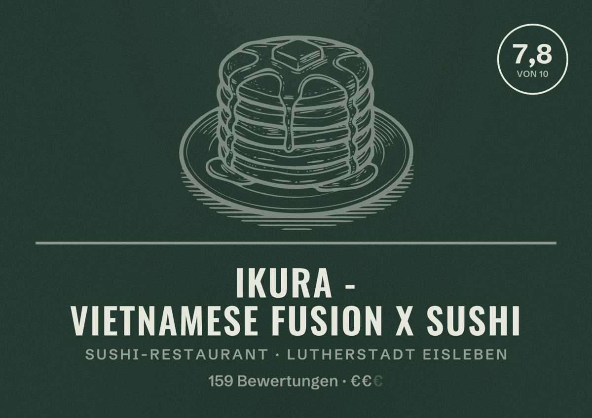 Illustriertes Poster von IKURA - Vietnamese Fusion x Sushi, Sushi-Restaurant in Lutherstadt Eisleben: Bewertung 7,8 von 10 aus 159 Bewertungen, Preisniveau €€