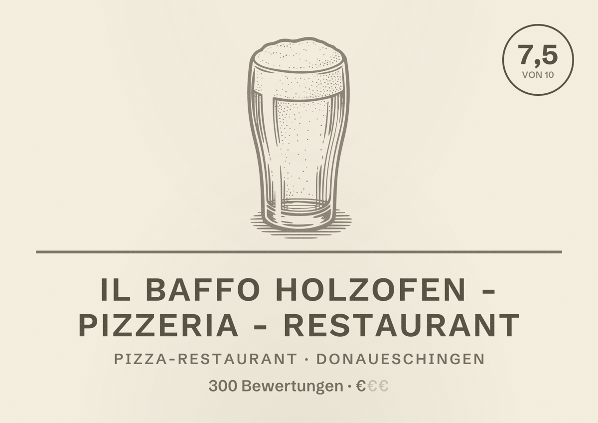 Illustriertes Poster von Il Baffo Holzofen - Pizzeria - Restaurant, Pizza-Restaurant in Donaueschingen: Bewertung 7,5 von 10 aus 300 Bewertungen, Preisniveau €
