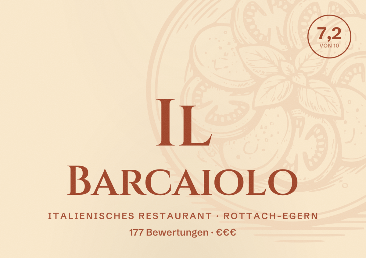 Illustriertes Poster von Il Barcaiolo, Italienisches Restaurant in Rottach-Egern: Bewertung 7,2 von 10 aus 177 Bewertungen, Preisniveau €€€