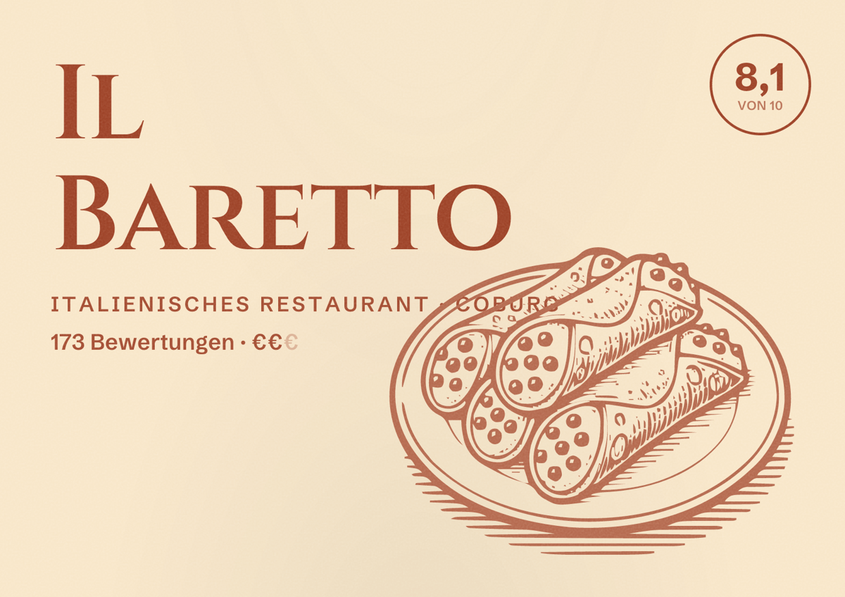 Illustriertes Poster von Il Baretto, Italienisches Restaurant in Coburg: Bewertung 8,1 von 10 aus 173 Bewertungen, Preisniveau €€