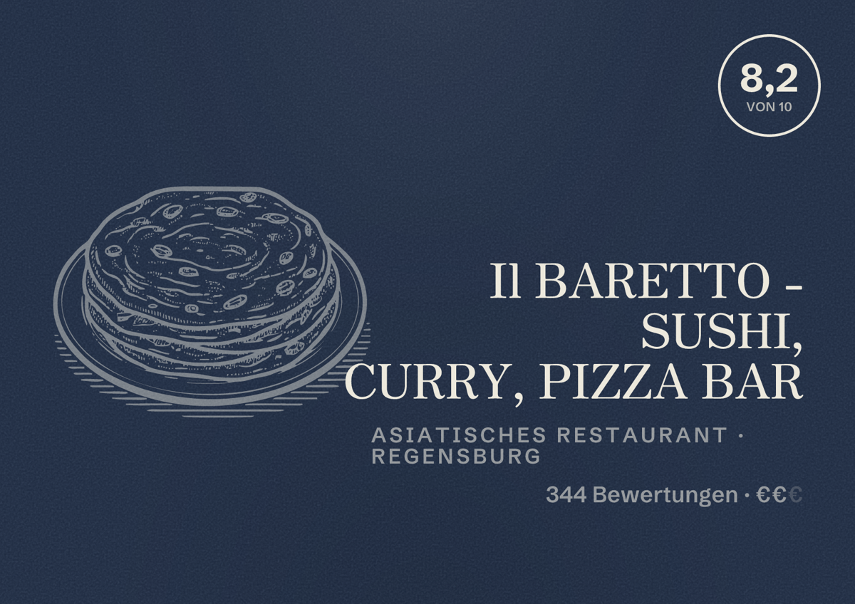 Illustriertes Poster von Il BARETTO - SUSHI, CURRY, PIZZA BAR, Asiatisches Restaurant in Regensburg: Bewertung 8,2 von 10 aus 344 Bewertungen, Preisniveau €€
