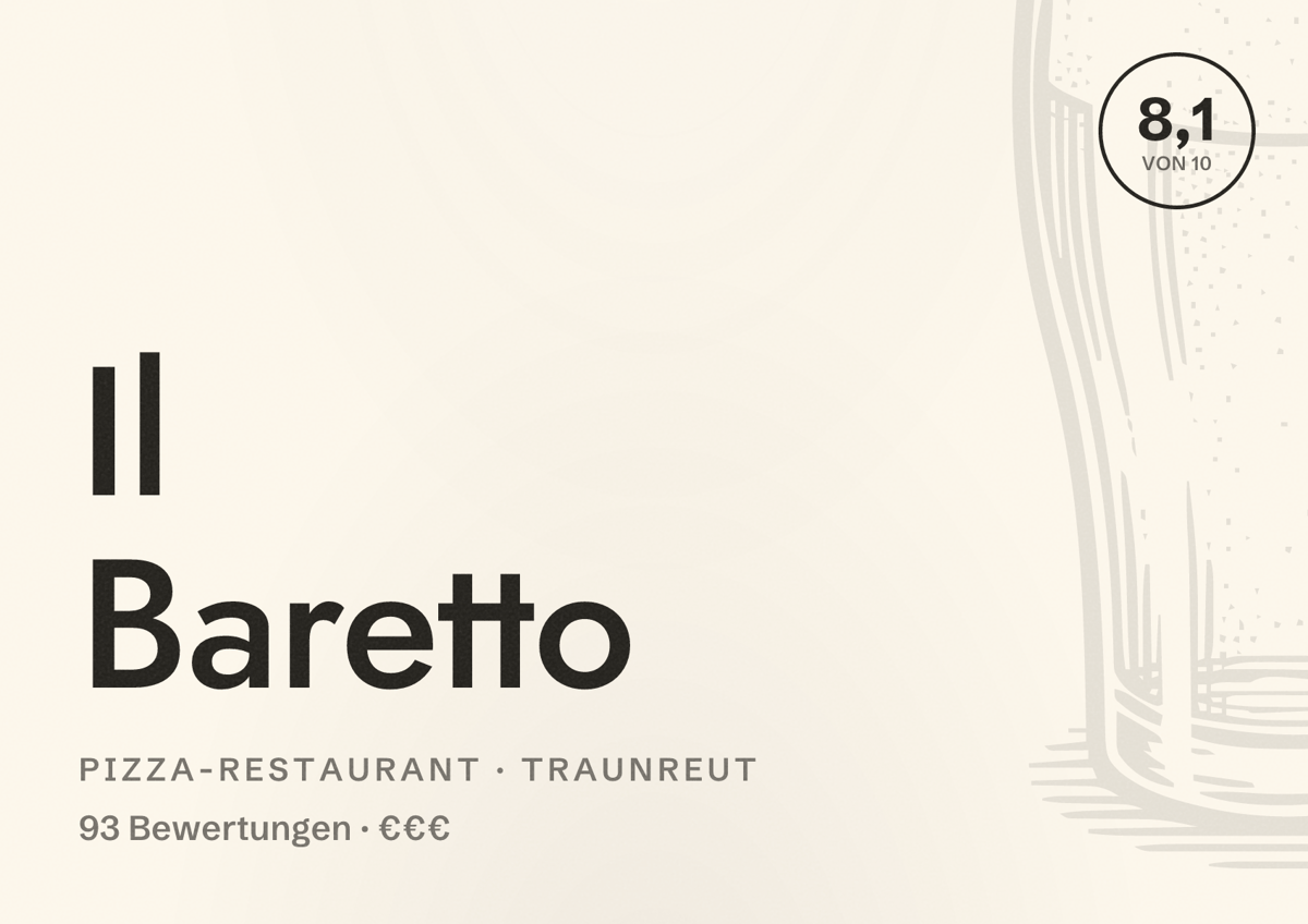 Illustriertes Poster von Il Baretto, Pizza-Restaurant in Traunreut: Bewertung 8,1 von 10 aus 93 Bewertungen, Preisniveau €€€