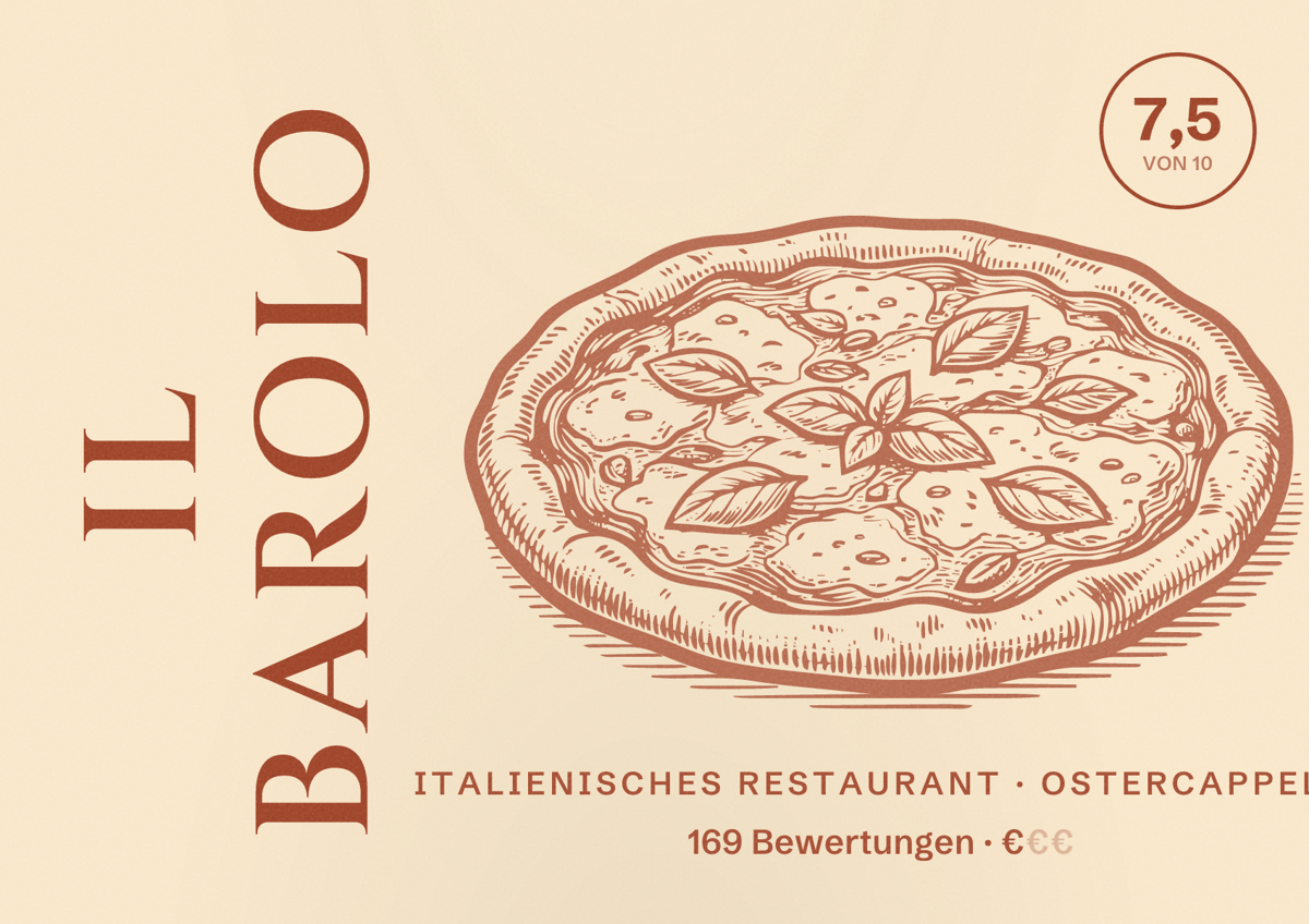 Illustriertes Poster von Il Barolo, Italienisches Restaurant in Ostercappeln: Bewertung 7,5 von 10 aus 169 Bewertungen, Preisniveau €