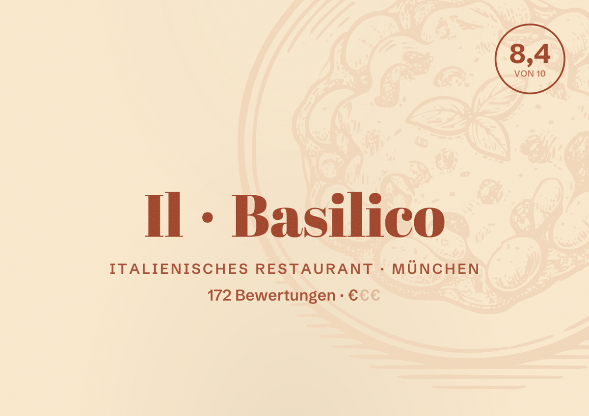 Illustriertes Poster von Il Basilico, Italienisches Restaurant in München: Bewertung 8,4 von 10 aus 172 Bewertungen, Preisniveau €