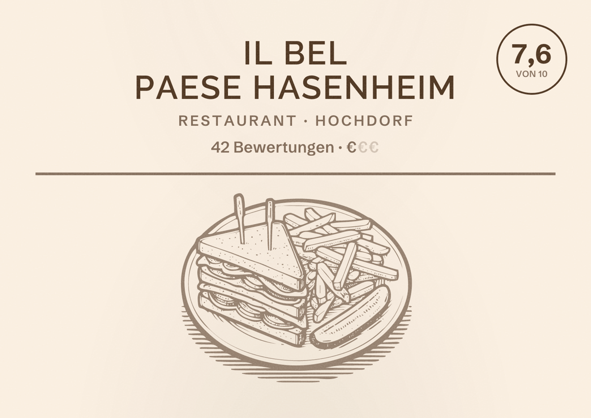 Illustriertes Poster von Il Bel Paese Hasenheim, Restaurant in Hochdorf: Bewertung 7,6 von 10 aus 42 Bewertungen, Preisniveau €
