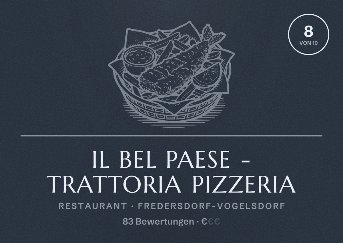 Illustriertes Poster von il bel Paese - Trattoria Pizzeria, Restaurant in Fredersdorf-Vogelsdorf: Bewertung 8 von 10 aus 83 Bewertungen, Preisniveau €
