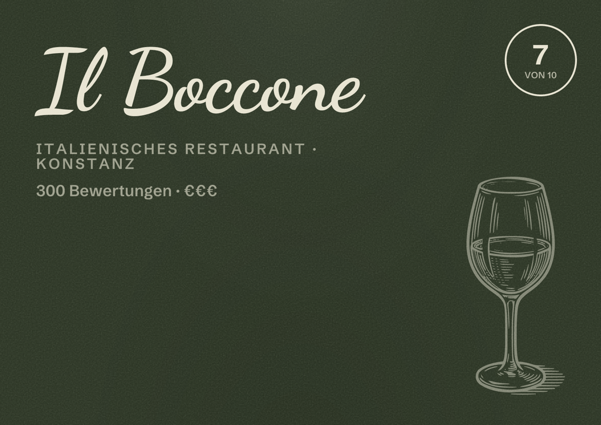 Illustriertes Poster von Il Boccone, Italienisches Restaurant in Konstanz: Bewertung 7 von 10 aus 300 Bewertungen, Preisniveau €€€