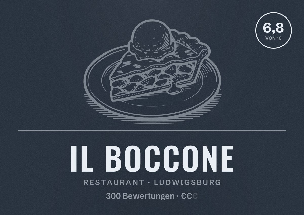 Illustriertes Poster von Il Boccone, Restaurant in Ludwigsburg: Bewertung 6,8 von 10 aus 300 Bewertungen, Preisniveau €€