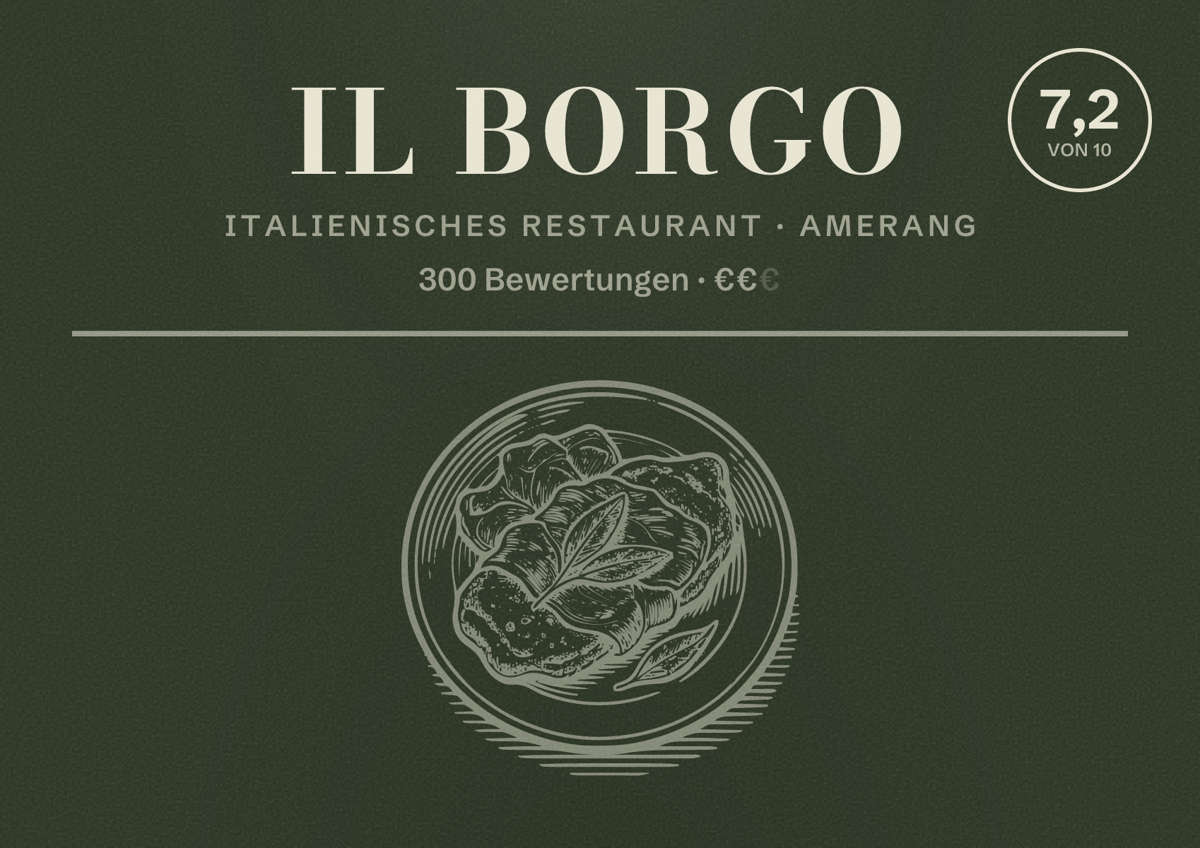 Illustriertes Poster von IL BORGO, Italienisches Restaurant in Amerang: Bewertung 7,2 von 10 aus 300 Bewertungen, Preisniveau €€