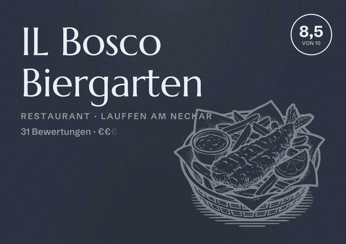 Illustriertes Poster von IL Bosco Biergarten, Restaurant in Lauffen am Neckar: Bewertung 8,5 von 10 aus 31 Bewertungen, Preisniveau €€