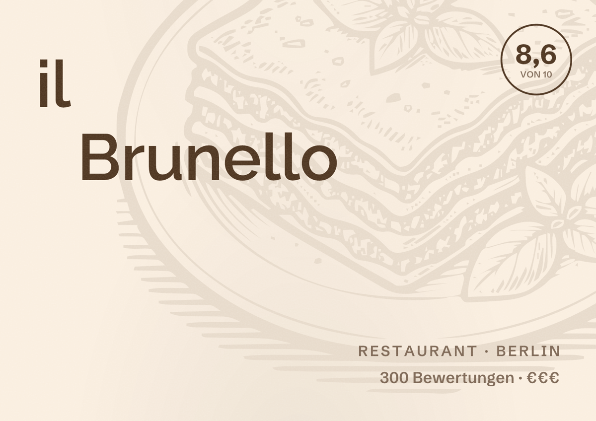 Illustriertes Poster von il Brunello, Restaurant in Berlin: Bewertung 8,6 von 10 aus 300 Bewertungen, Preisniveau €€€