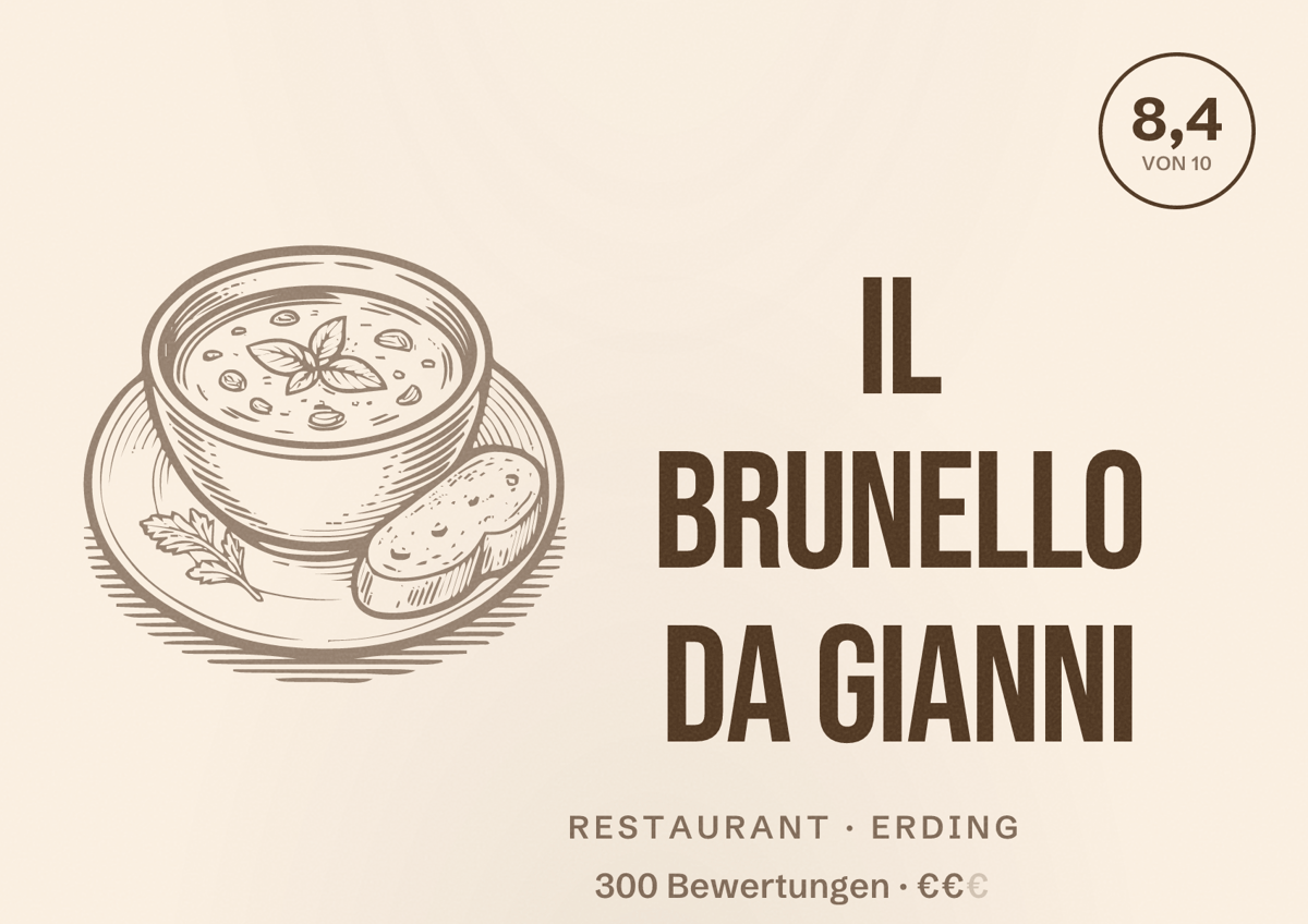 Illustriertes Poster von Il Brunello da Gianni, Restaurant in Erding: Bewertung 8,4 von 10 aus 300 Bewertungen, Preisniveau €€