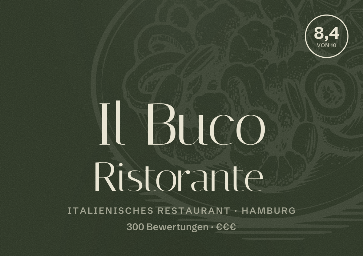 Illustriertes Poster von Il Buco Ristorante, Italienisches Restaurant in Hamburg: Bewertung 8,4 von 10 aus 300 Bewertungen, Preisniveau €€€