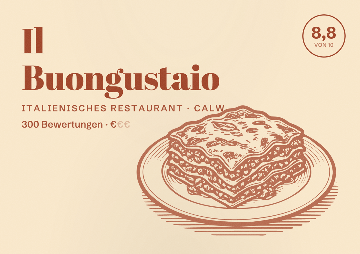 Illustriertes Poster von Il Buongustaio, Italienisches Restaurant in Calw: Bewertung 8,8 von 10 aus 300 Bewertungen, Preisniveau €