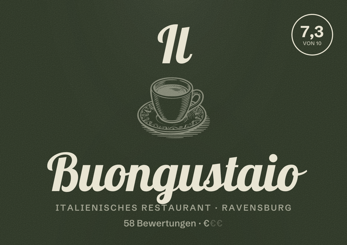 Illustriertes Poster von Il Buongustaio, Italienisches Restaurant in Ravensburg: Bewertung 7,3 von 10 aus 58 Bewertungen, Preisniveau €