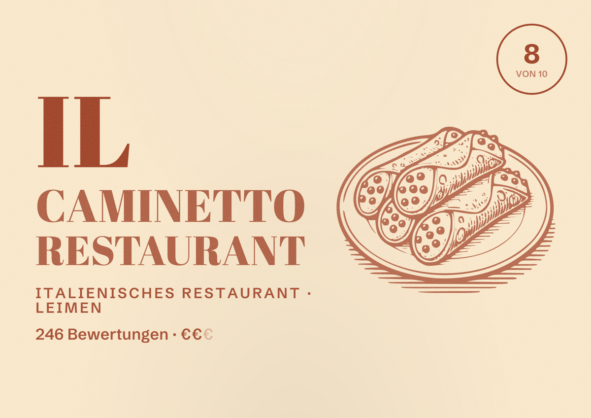 Illustriertes Poster von IL CAMINETTO RESTAURANT, Italienisches Restaurant in Leimen: Bewertung 8 von 10 aus 246 Bewertungen, Preisniveau €€