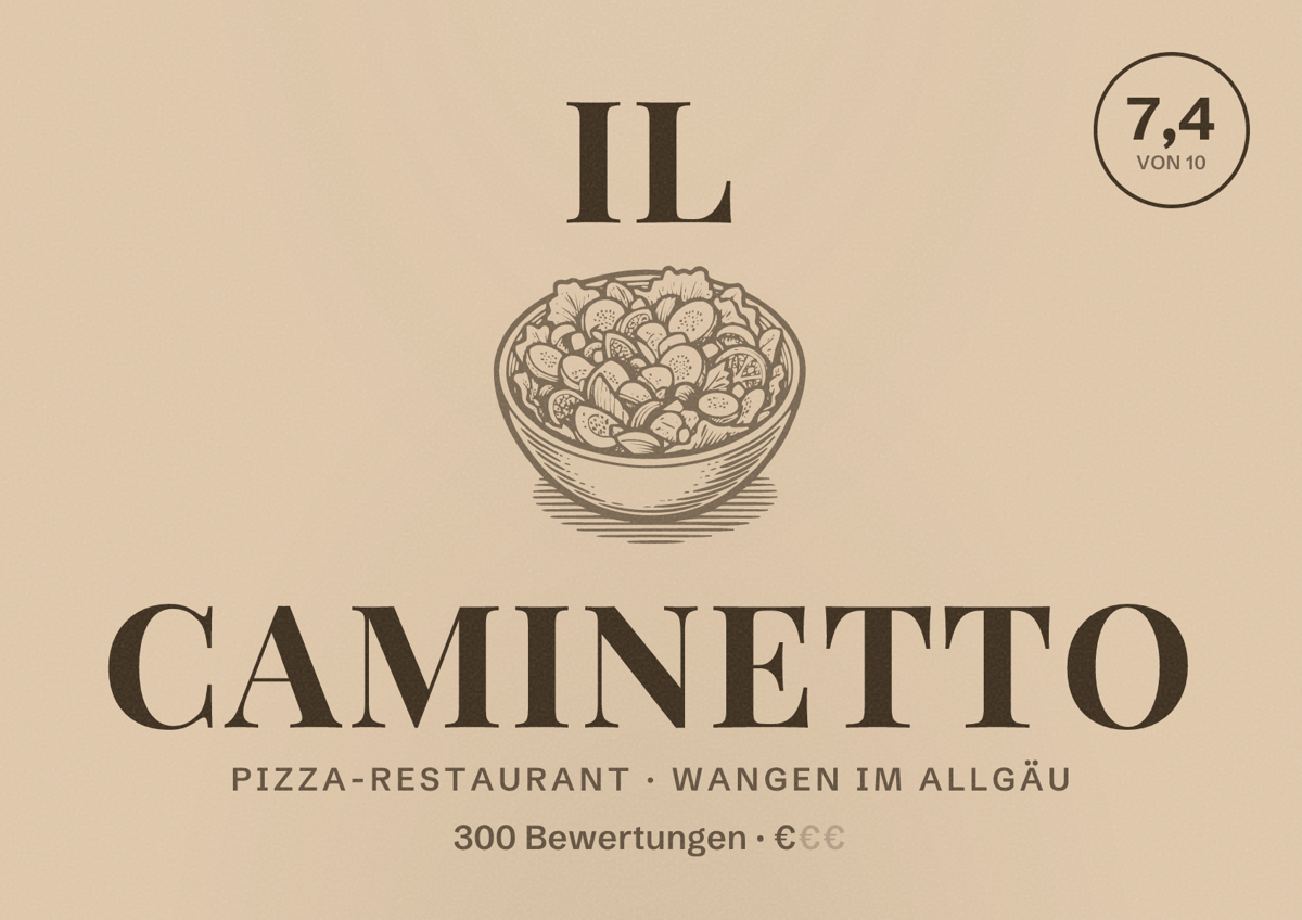 Illustriertes Poster von Il Caminetto, Pizza-Restaurant in Wangen im Allgäu: Bewertung 7,4 von 10 aus 300 Bewertungen, Preisniveau €