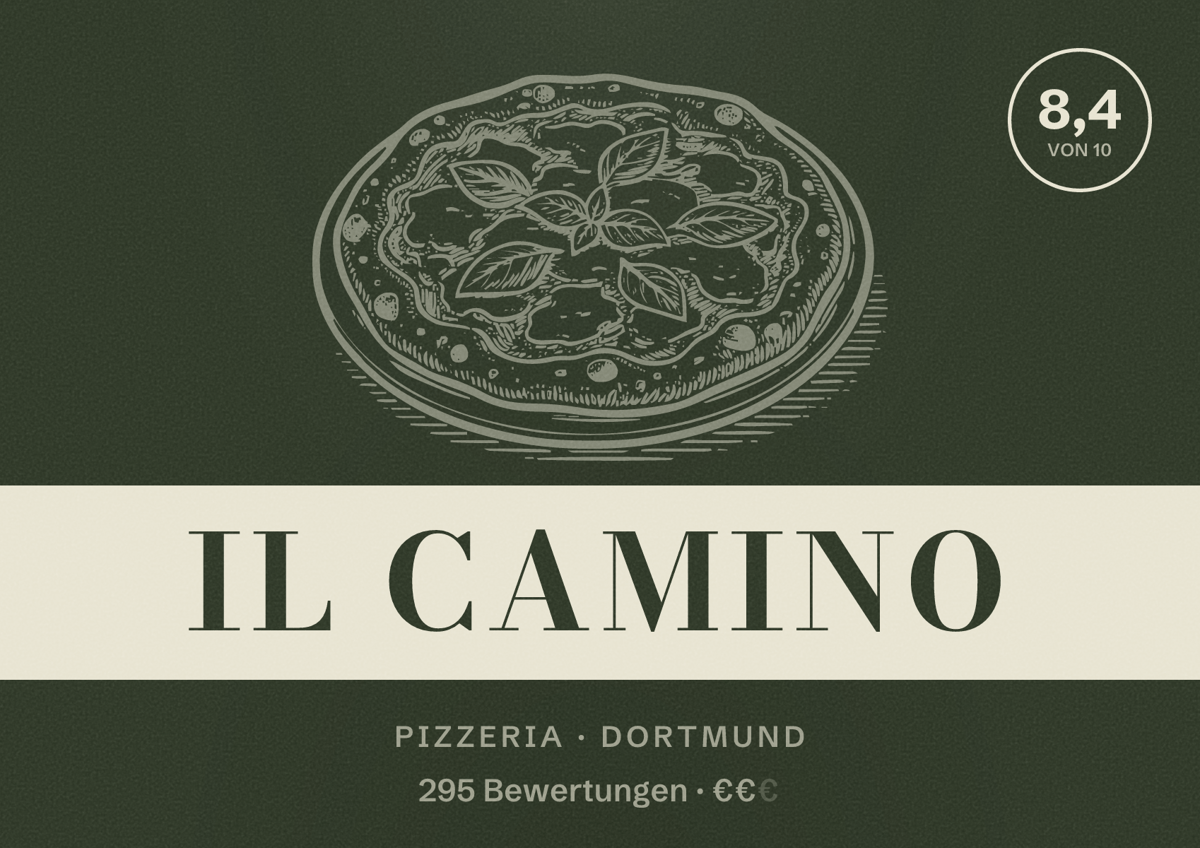 Illustriertes Poster von Il Camino, Pizzeria in Dortmund: Bewertung 8,4 von 10 aus 295 Bewertungen, Preisniveau €€