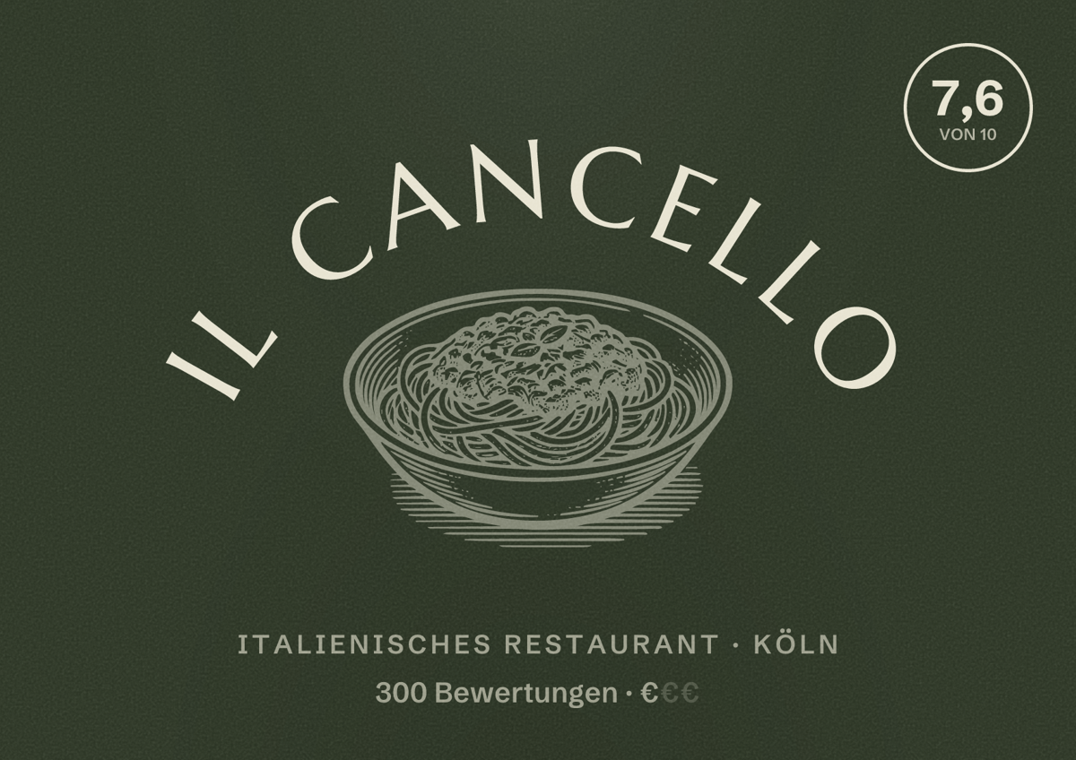 Illustriertes Poster von Il Cancello, Italienisches Restaurant in Köln: Bewertung 7,6 von 10 aus 300 Bewertungen, Preisniveau €