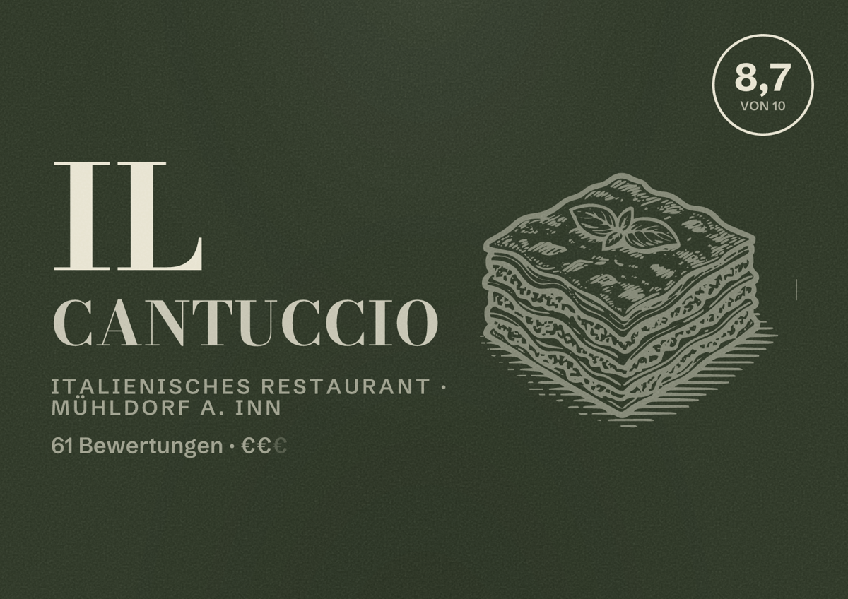 Illustriertes Poster von Il Cantuccio, Italienisches Restaurant in Mühldorf a. Inn: Bewertung 8,7 von 10 aus 61 Bewertungen, Preisniveau €€