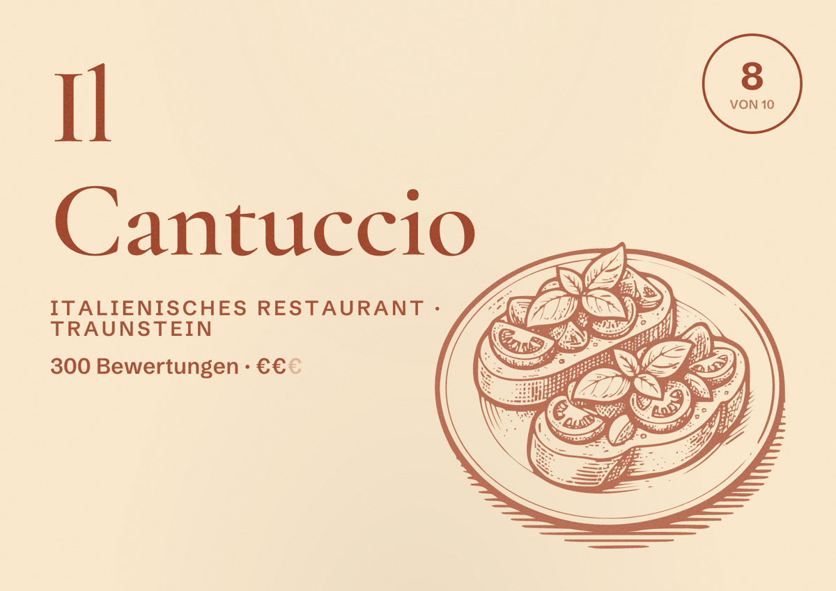 Illustriertes Poster von Il Cantuccio, Italienisches Restaurant in Traunstein: Bewertung 8 von 10 aus 300 Bewertungen, Preisniveau €€