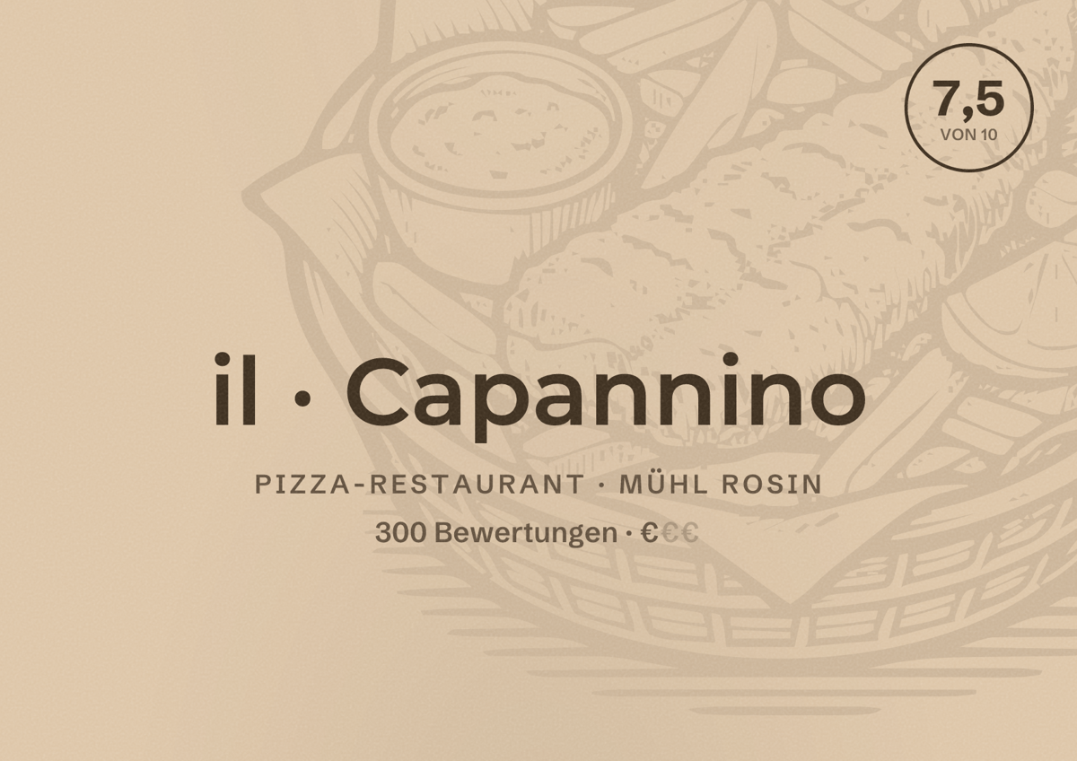 Illustriertes Poster von il Capannino, Pizza-Restaurant in Mühl Rosin: Bewertung 7,5 von 10 aus 300 Bewertungen, Preisniveau €