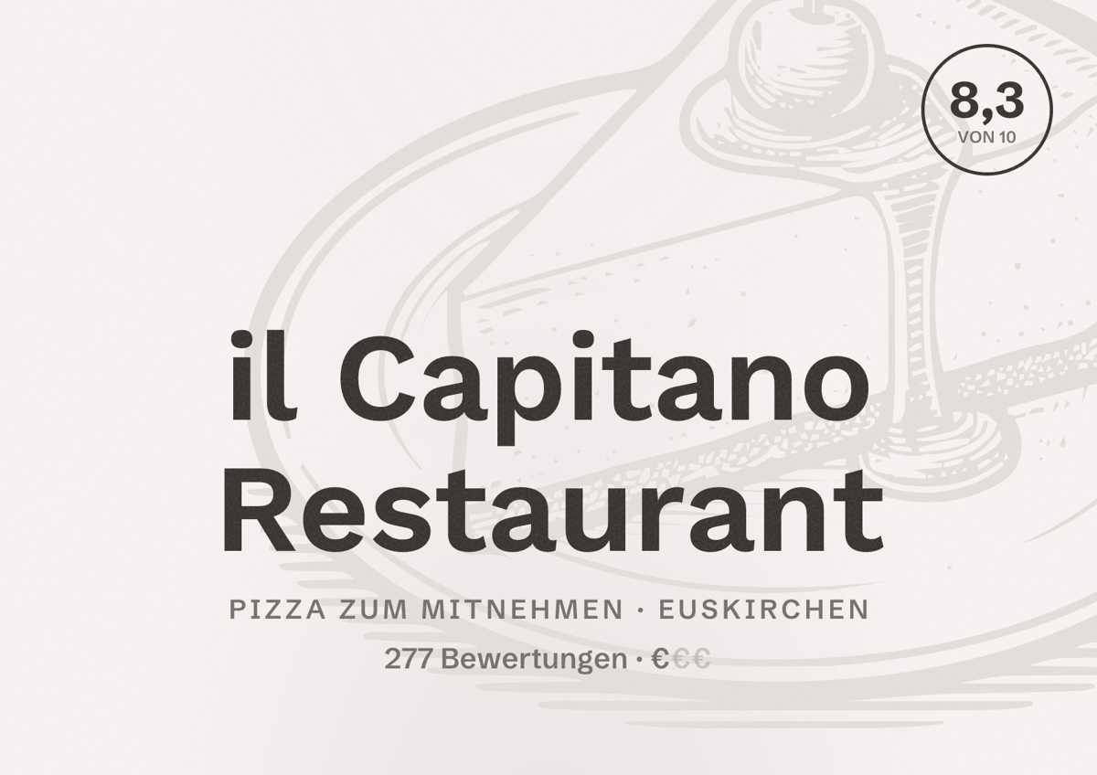 Illustriertes Poster von il Capitano Restaurant, Pizza zum Mitnehmen in Euskirchen: Bewertung 8,3 von 10 aus 277 Bewertungen, Preisniveau €