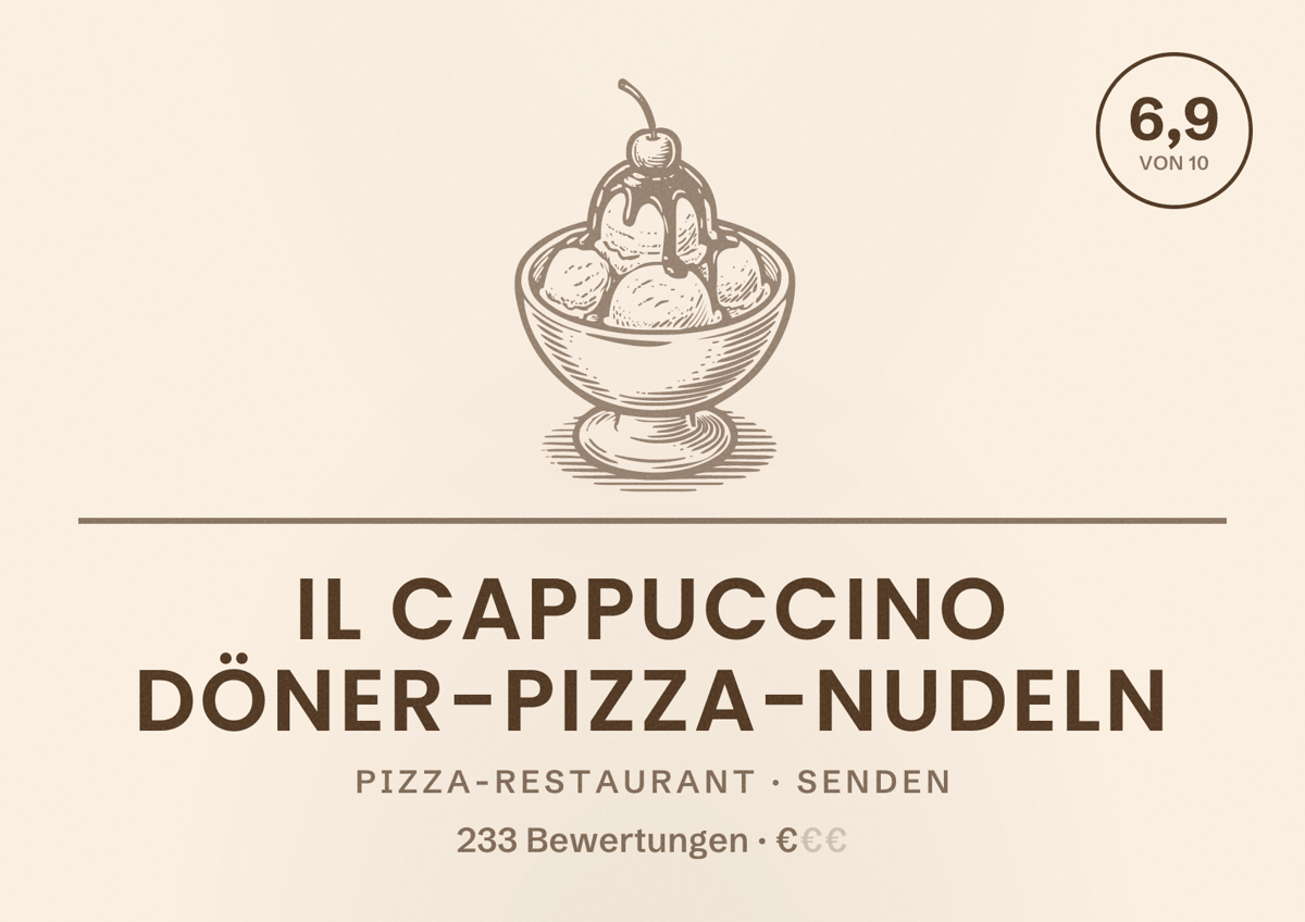 Illustriertes Poster von Il Cappuccino Döner-Pizza-Nudeln, Pizza-Restaurant in Senden: Bewertung 6,9 von 10 aus 233 Bewertungen, Preisniveau €