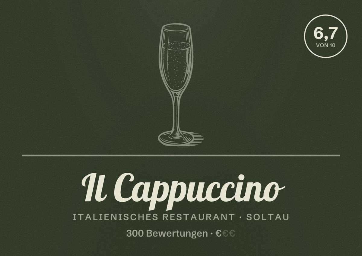 Illustriertes Poster von Il Cappuccino, Italienisches Restaurant in Soltau: Bewertung 6,7 von 10 aus 300 Bewertungen, Preisniveau €