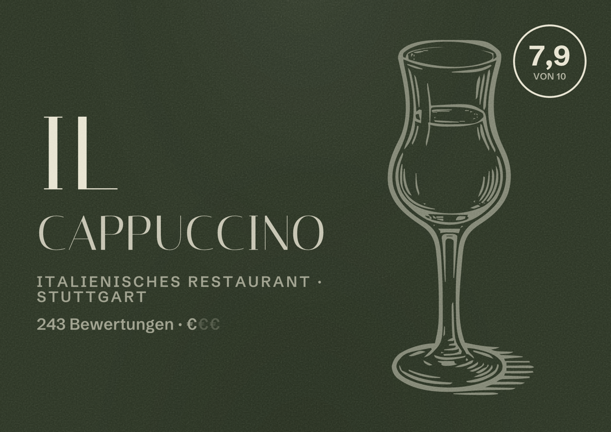 Illustriertes Poster von Il Cappuccino, Italienisches Restaurant in Stuttgart: Bewertung 7,9 von 10 aus 243 Bewertungen, Preisniveau €