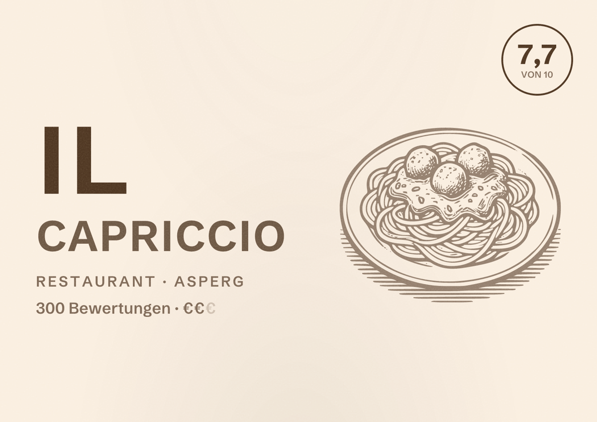Illustriertes Poster von Il Capriccio, Restaurant in Asperg: Bewertung 7,7 von 10 aus 300 Bewertungen, Preisniveau €€
