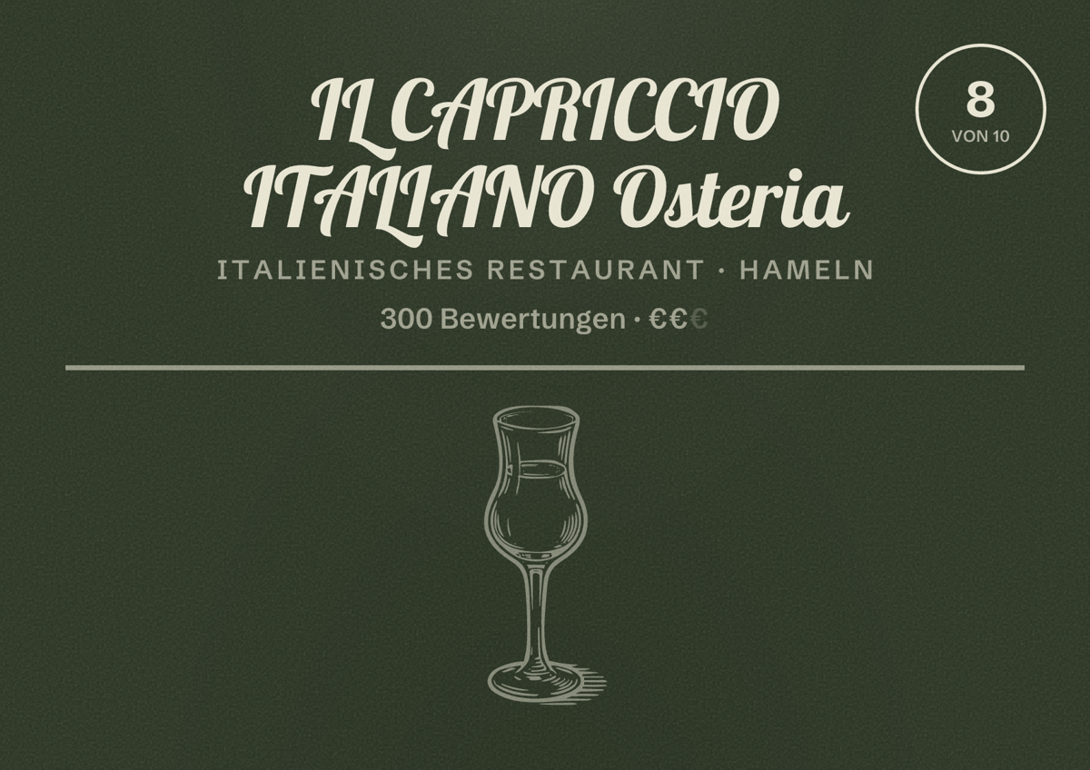 Illustriertes Poster von IL CAPRICCIO ITALIANO Osteria, Italienisches Restaurant in Hameln: Bewertung 8 von 10 aus 300 Bewertungen, Preisniveau €€