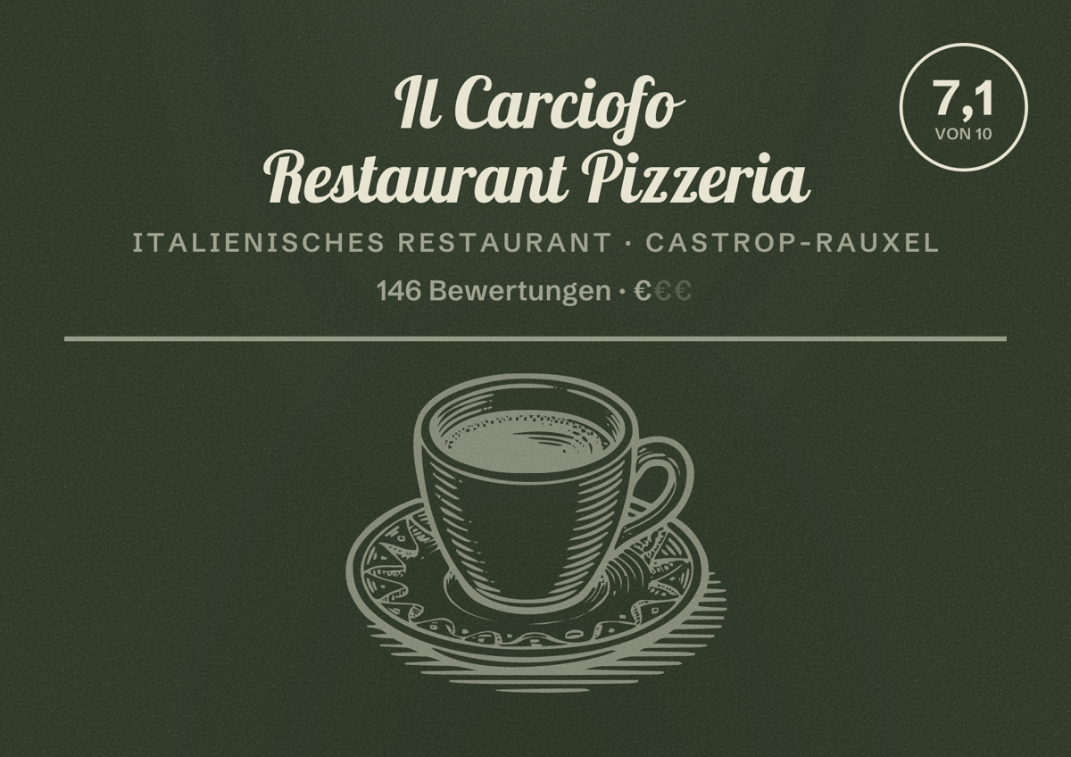 Illustriertes Poster von Il Carciofo Restaurant Pizzeria, Italienisches Restaurant in Castrop-Rauxel: Bewertung 7,1 von 10 aus 146 Bewertungen, Preisniveau €