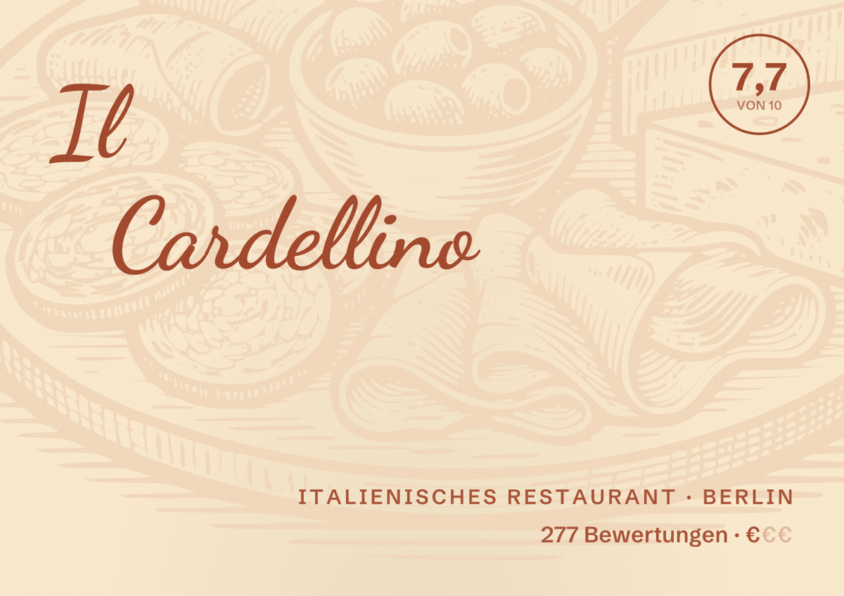 Illustriertes Poster von Il Cardellino, Italienisches Restaurant in Berlin: Bewertung 7,7 von 10 aus 277 Bewertungen, Preisniveau €