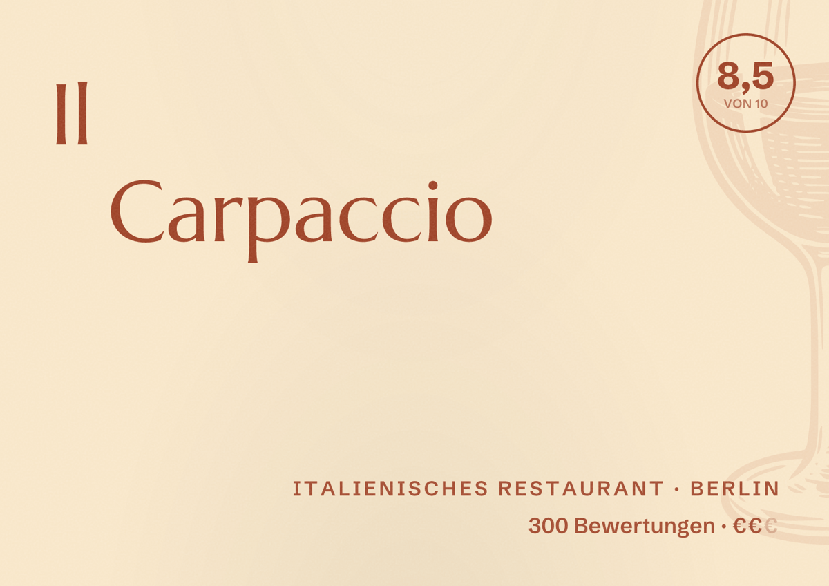 Illustriertes Poster von Il Carpaccio, Italienisches Restaurant in Berlin: Bewertung 8,5 von 10 aus 300 Bewertungen, Preisniveau €€